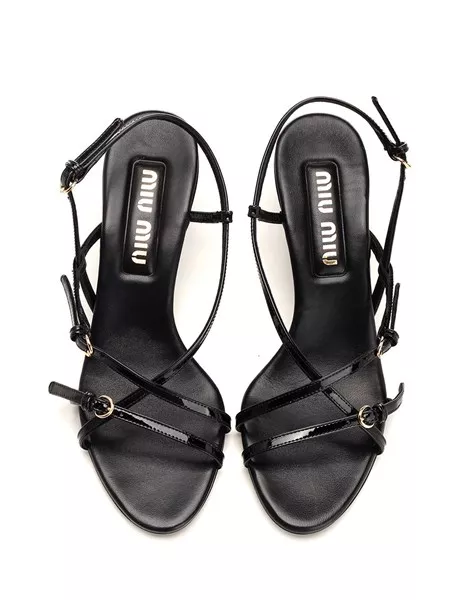 サンダル・ミュール MIU MIU   Sandals Women Patent Leather Black/Slate Miu Miu 55cm Patent Leather Sandals | Black | FARFETCH