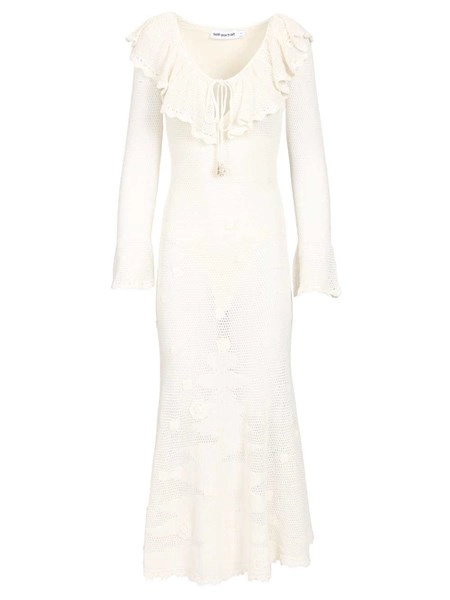 knee length dresses for ladies Self-Portrait - White Satin Ramie Midi Dress